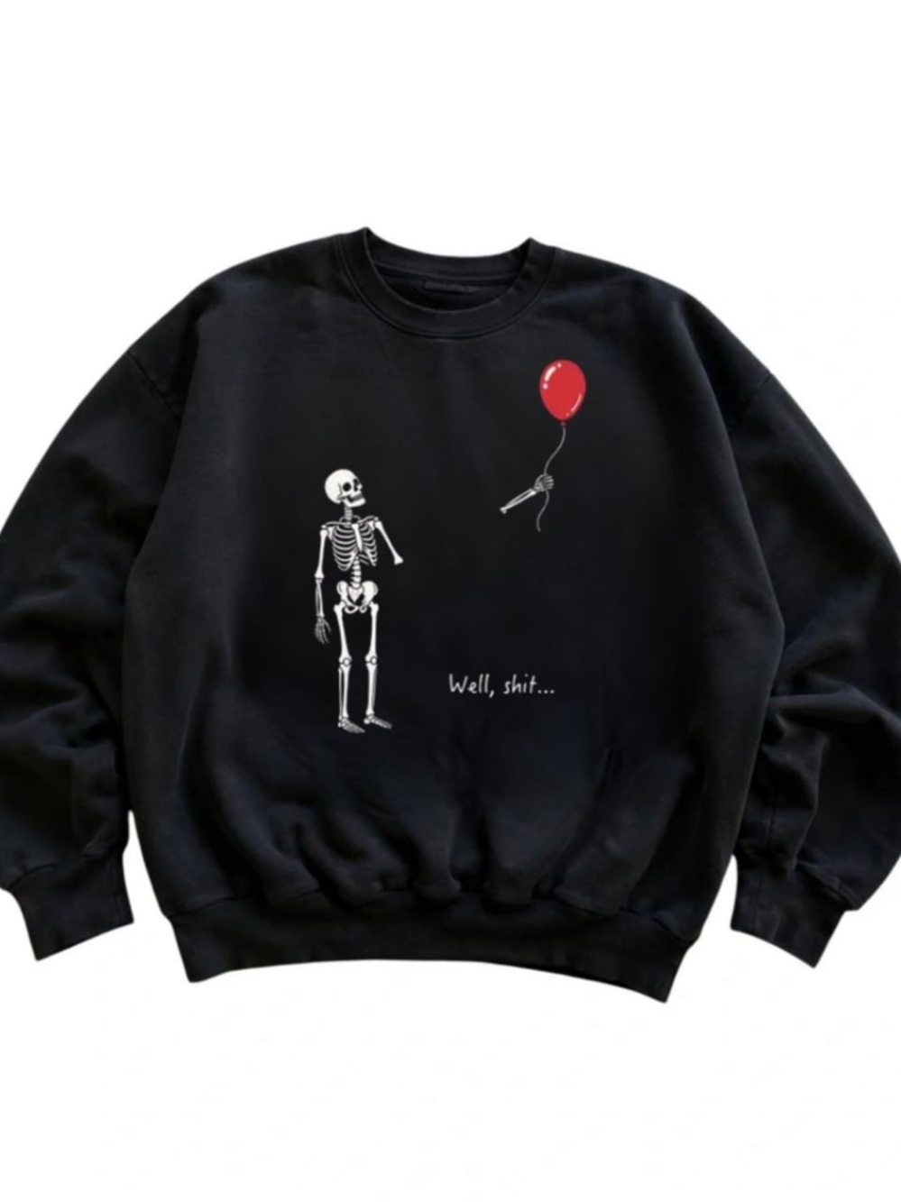 Black Crewneck Sweatshirt with White Skeleton & Red Balloon